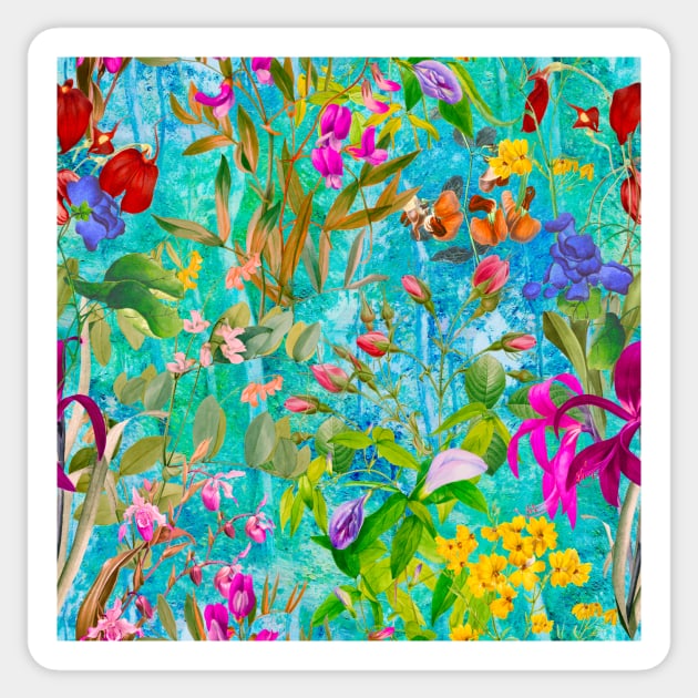 Cool tropical floral leaves botanical illustration, tropical plants,leaves and flowers, blue aqua leaves pattern Sticker by Zeinab taha